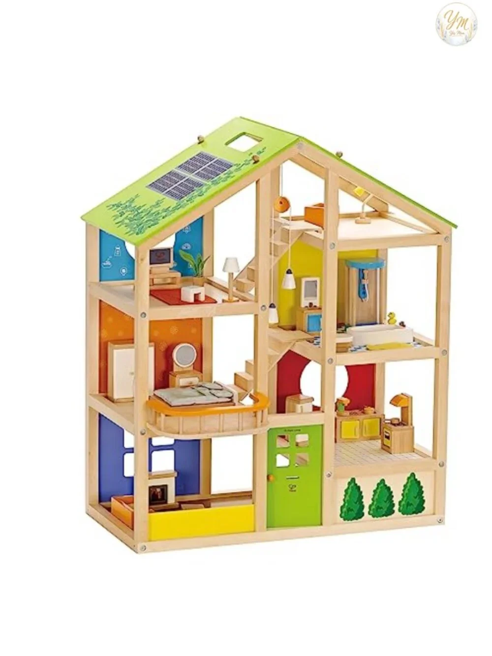 Wooden Dollhouse with Furniture and Accessories, 3 Story, Reversible Season